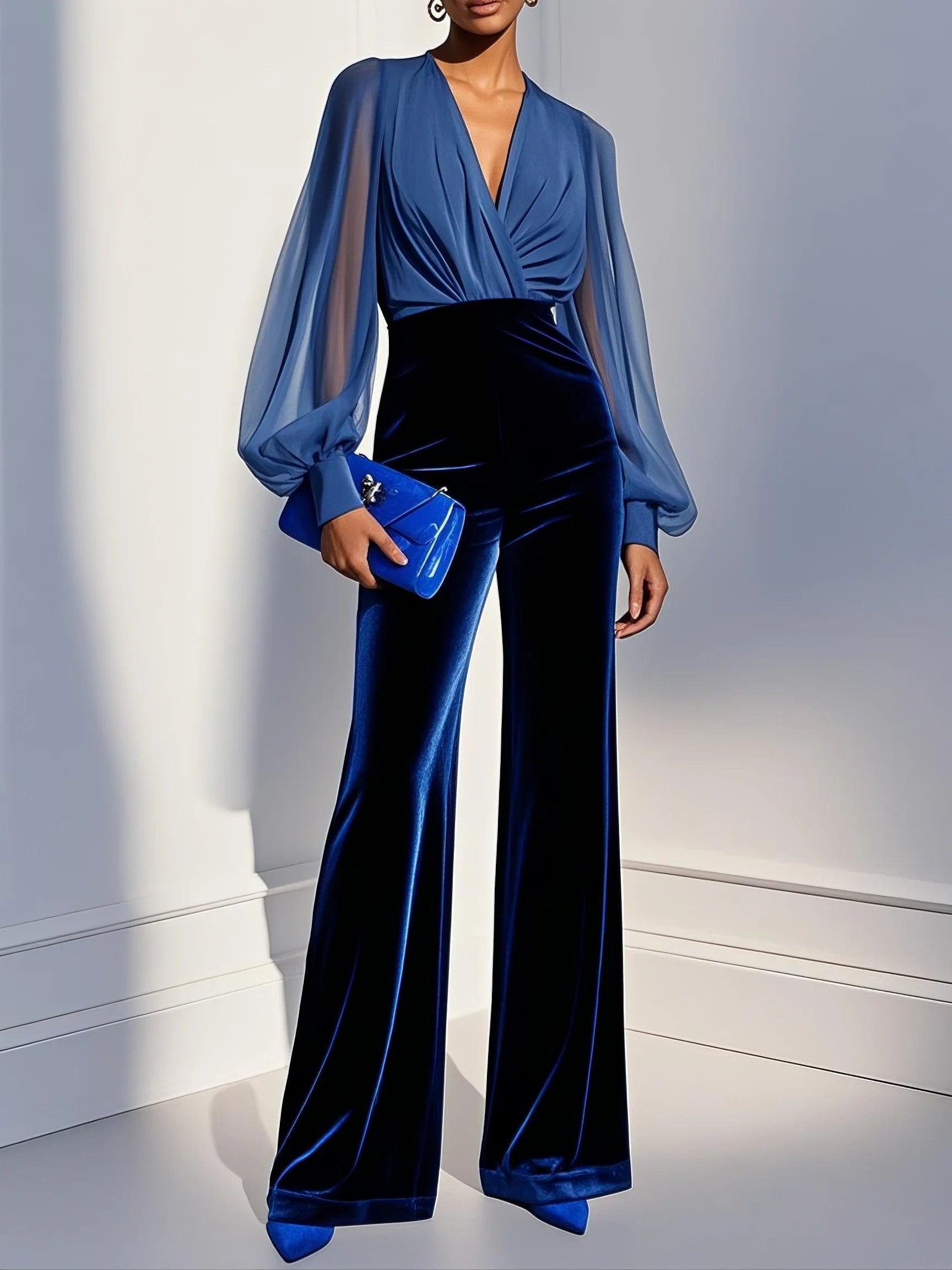 Zaira - Long Velvet Jumpsuit with V-Neck and Long Blue Mesh Sleeves